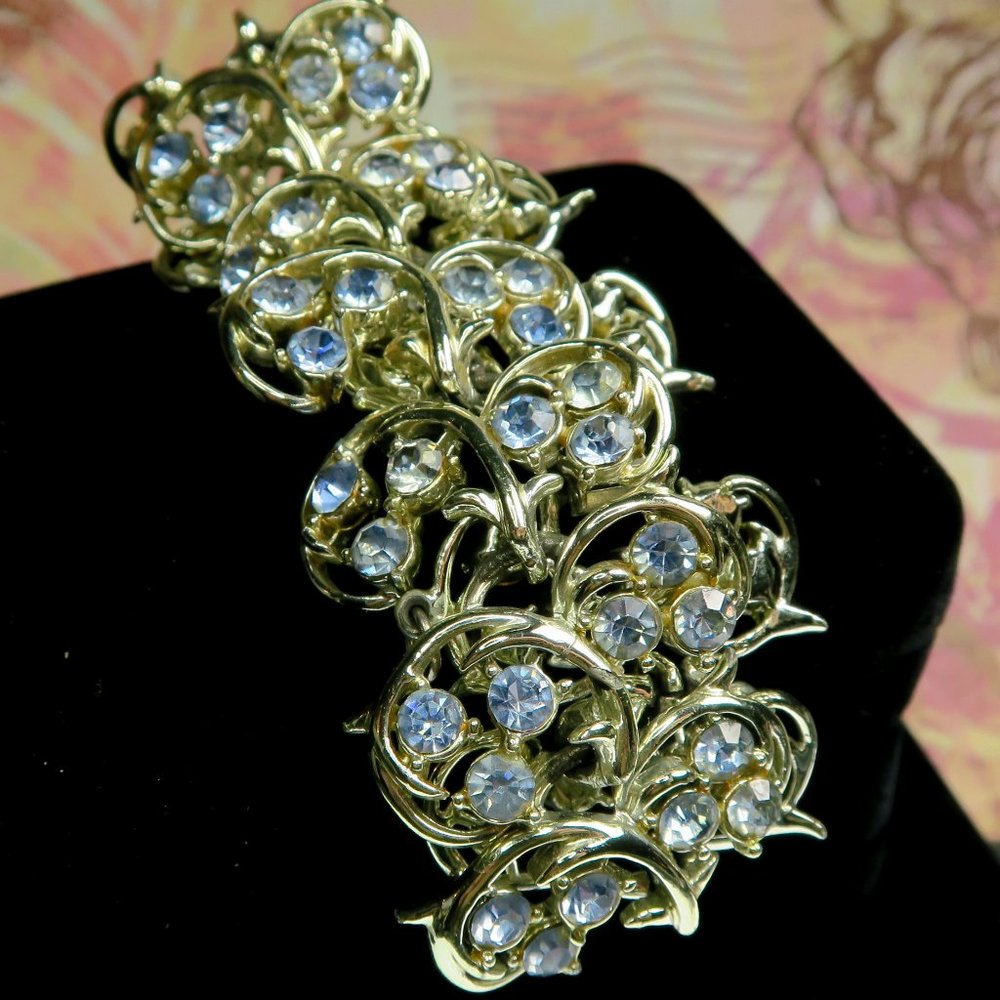 Fine Vintage Coro Blue Rhinestone Leaf Vine Bracelet